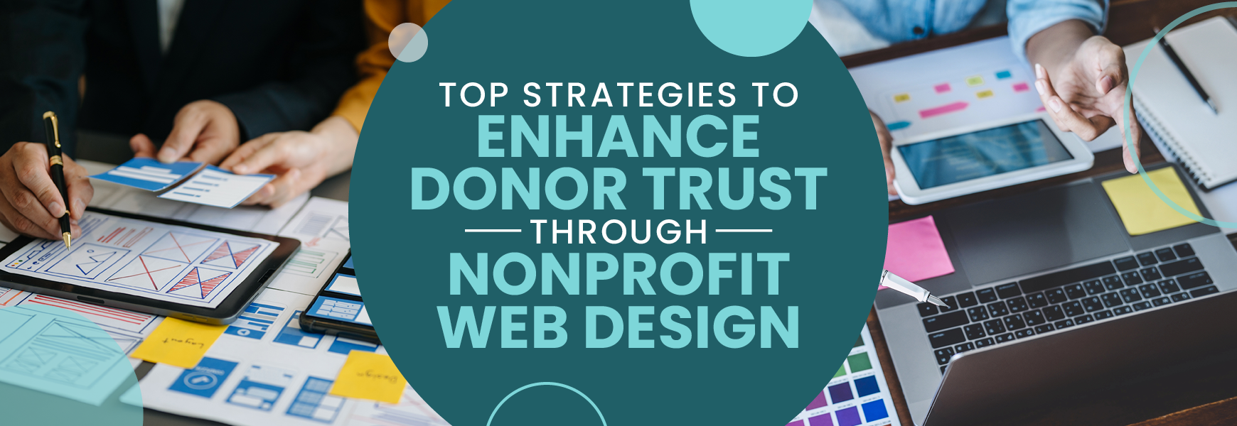 The title of the post is shown on top of an image of nonprofit professionals planning their website design to enhance donor trust.