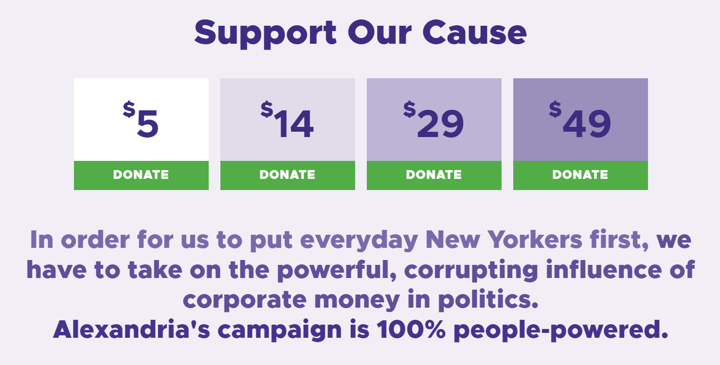 Screenshot of suggested donation amounts on Alexandria Ocasio-Cortez’s campaign website